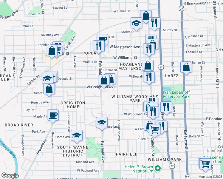 map of restaurants, bars, coffee shops, grocery stores, and more near 2306 Hoagland Avenue in Fort Wayne