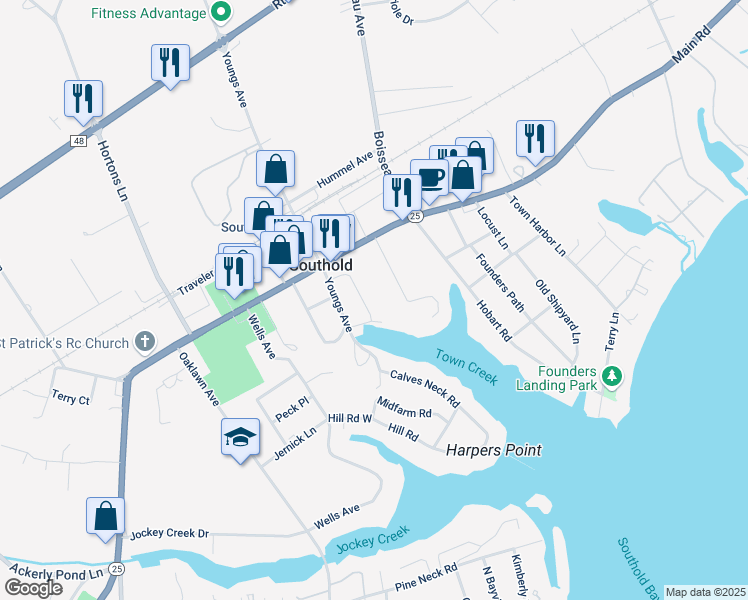 map of restaurants, bars, coffee shops, grocery stores, and more near 400 Town Creek Lane in Southold