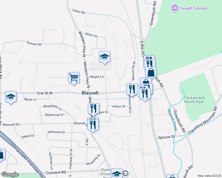 map of restaurants, bars, coffee shops, grocery stores, and more near 68 East Erie Street in Blauvelt