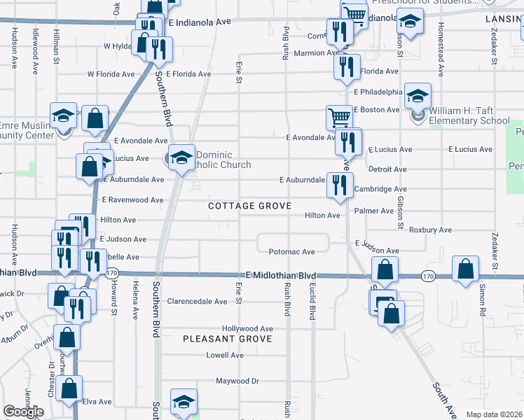 map of restaurants, bars, coffee shops, grocery stores, and more near 218 Hilton Avenue in Youngstown