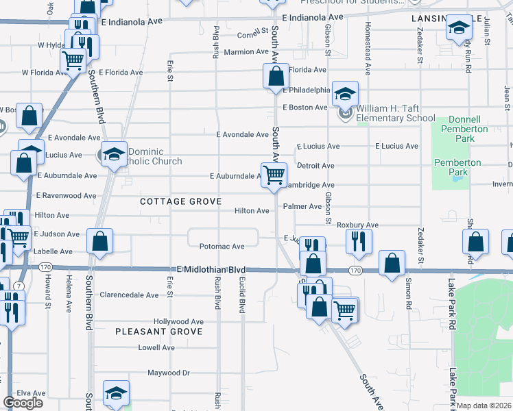 map of restaurants, bars, coffee shops, grocery stores, and more near 362 Hilton Avenue in Youngstown