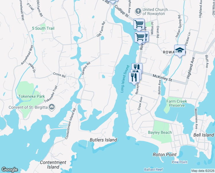 map of restaurants, bars, coffee shops, grocery stores, and more near 124 5 Mile River Road in Darien