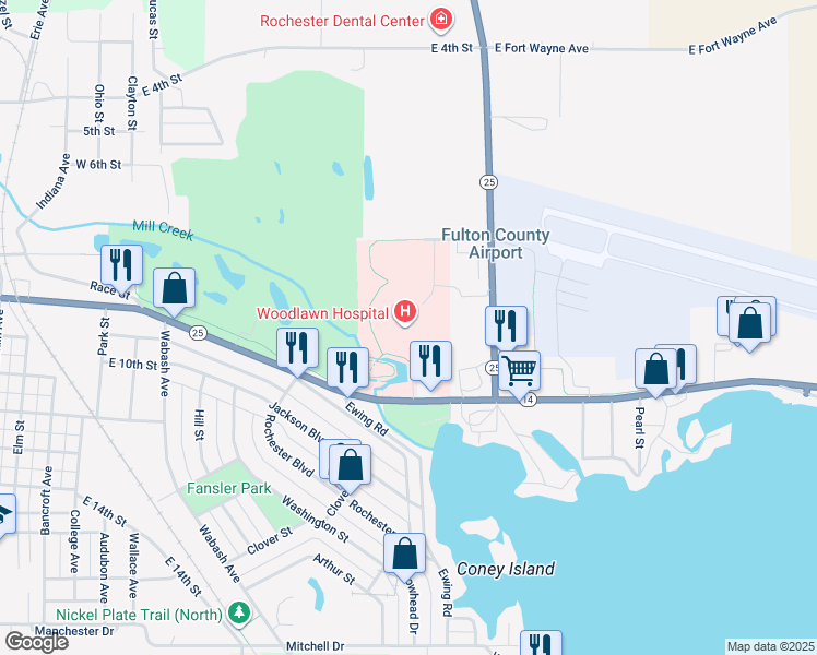 map of restaurants, bars, coffee shops, grocery stores, and more near 1400 East 9th Street in Rochester