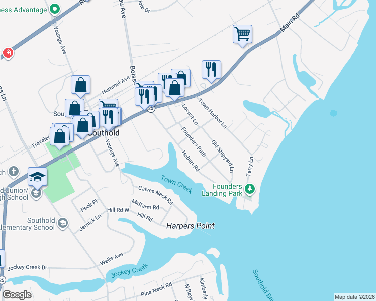 map of restaurants, bars, coffee shops, grocery stores, and more near 1255 Hobart Road in Southold
