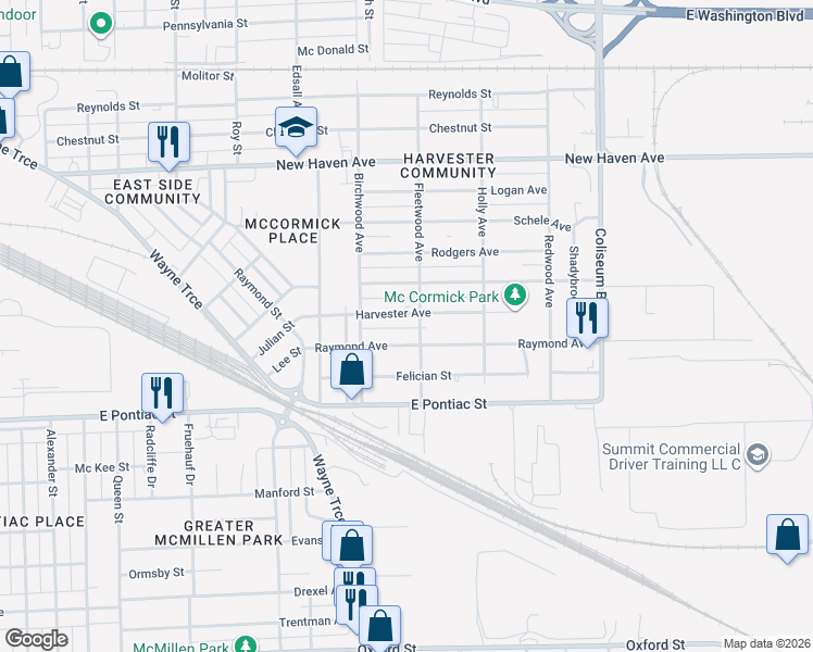 map of restaurants, bars, coffee shops, grocery stores, and more near 3314 Harvester Street in Fort Wayne