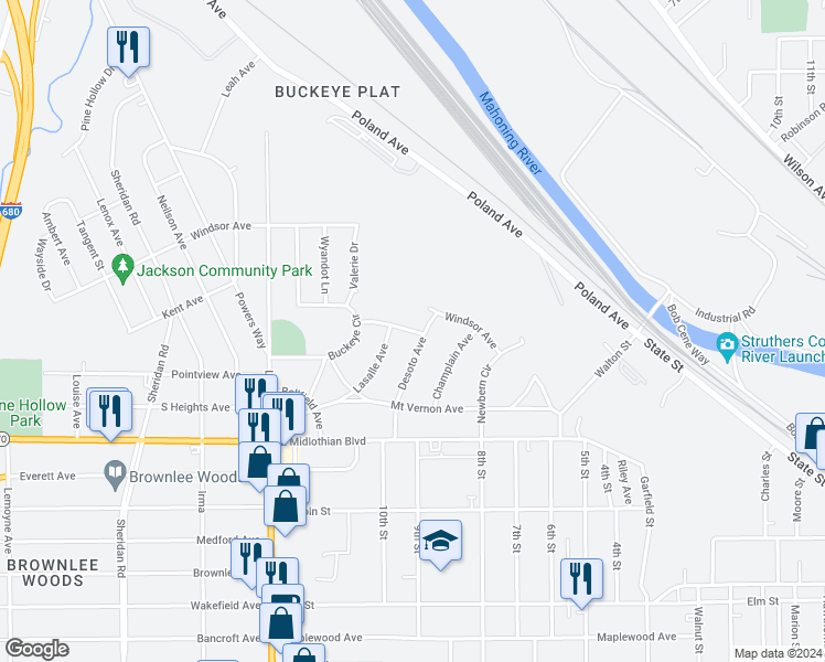map of restaurants, bars, coffee shops, grocery stores, and more near 2422 Ridgewood Road in Youngstown
