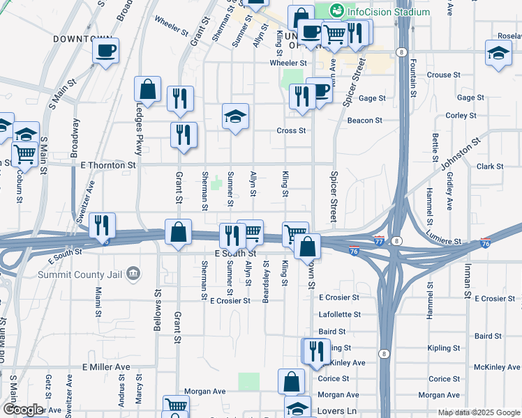 map of restaurants, bars, coffee shops, grocery stores, and more near 371 East Voris Street in Akron