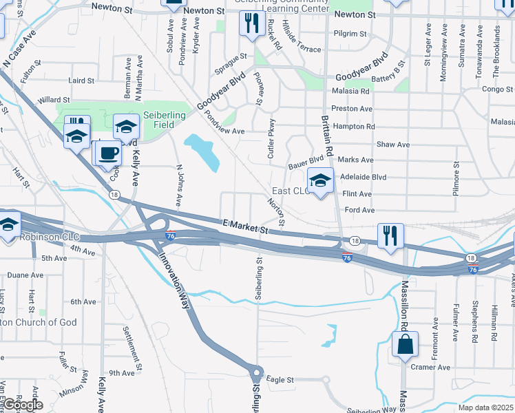 map of restaurants, bars, coffee shops, grocery stores, and more near 33 Dorcas Avenue in Akron
