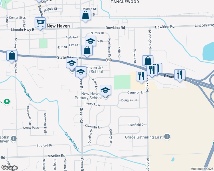 map of restaurants, bars, coffee shops, grocery stores, and more near 1445 Berwick Lane in New Haven