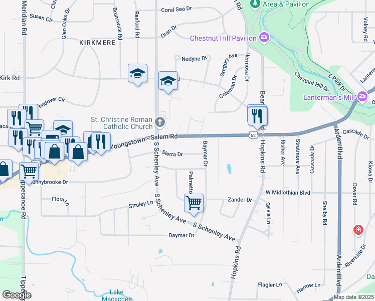 map of restaurants, bars, coffee shops, grocery stores, and more near 2502 Sierra Drive in Youngstown