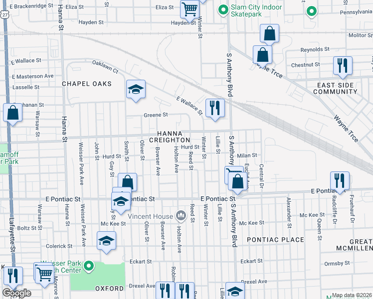 map of restaurants, bars, coffee shops, grocery stores, and more near 1422 Hurd Street in Fort Wayne