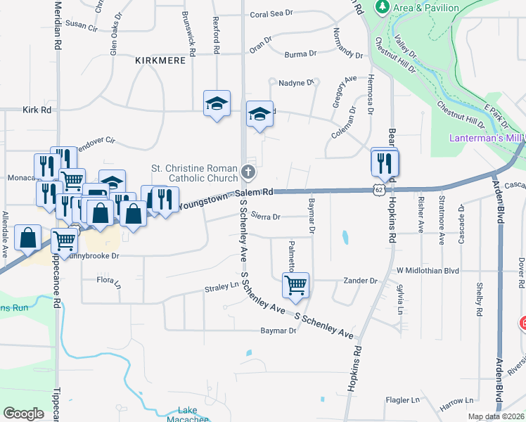 map of restaurants, bars, coffee shops, grocery stores, and more near 2690 Sierra Drive in Youngstown