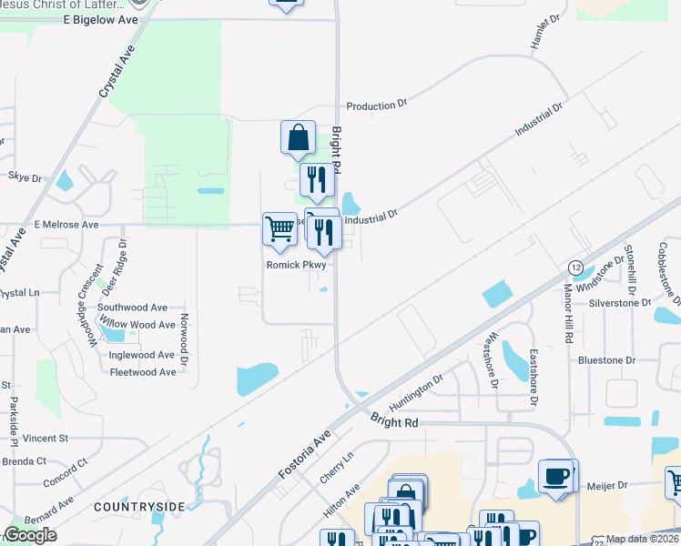 map of restaurants, bars, coffee shops, grocery stores, and more near 1963 Bright Road in Findlay