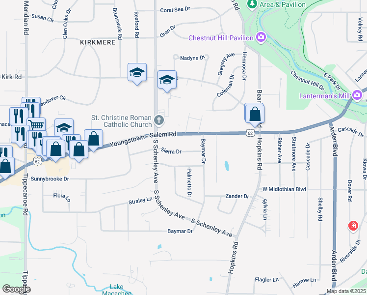 map of restaurants, bars, coffee shops, grocery stores, and more near 2502 Sierra Drive in Youngstown