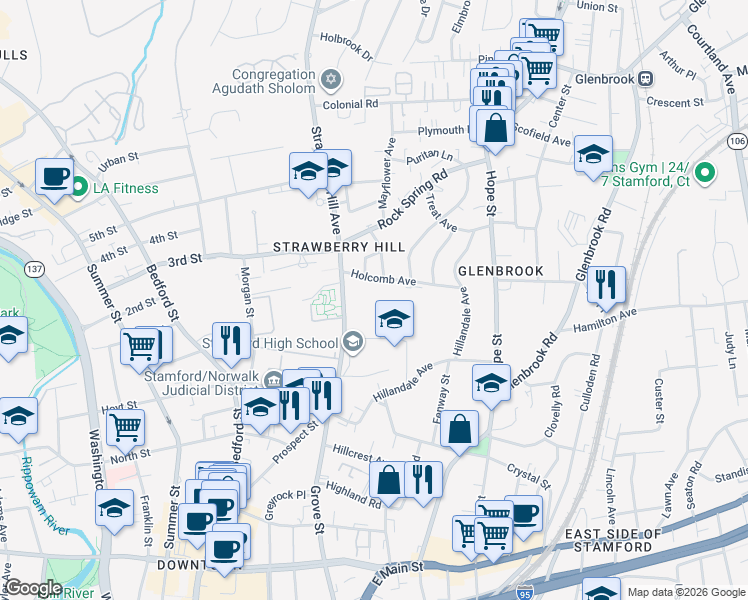 map of restaurants, bars, coffee shops, grocery stores, and more near 33 Holcomb Avenue in Stamford