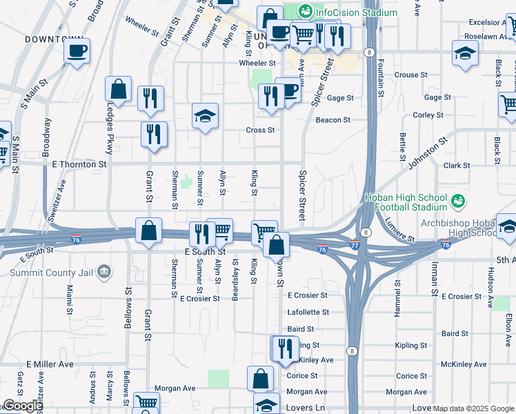 map of restaurants, bars, coffee shops, grocery stores, and more near 671 Kling St in Akron