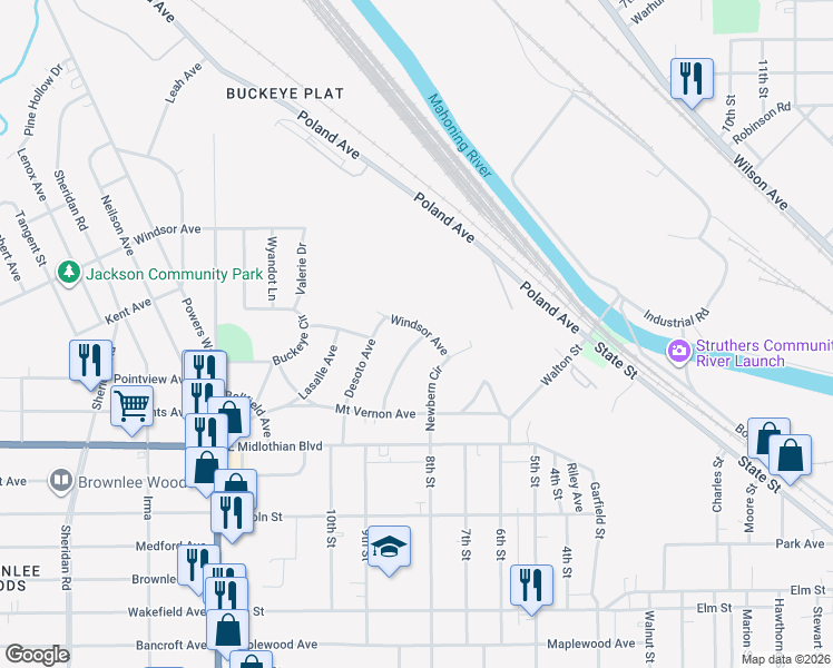 map of restaurants, bars, coffee shops, grocery stores, and more near 2527 Windsor Avenue in Youngstown
