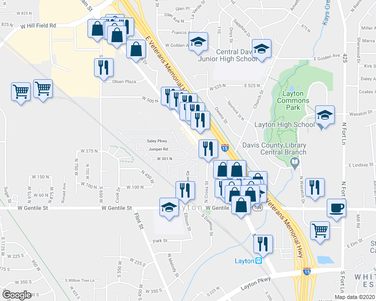 map of restaurants, bars, coffee shops, grocery stores, and more near 301 North Main Street in Layton