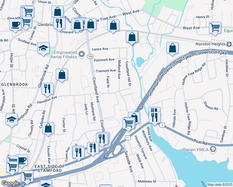 map of restaurants, bars, coffee shops, grocery stores, and more near 258 Hamilton Avenue in Stamford
