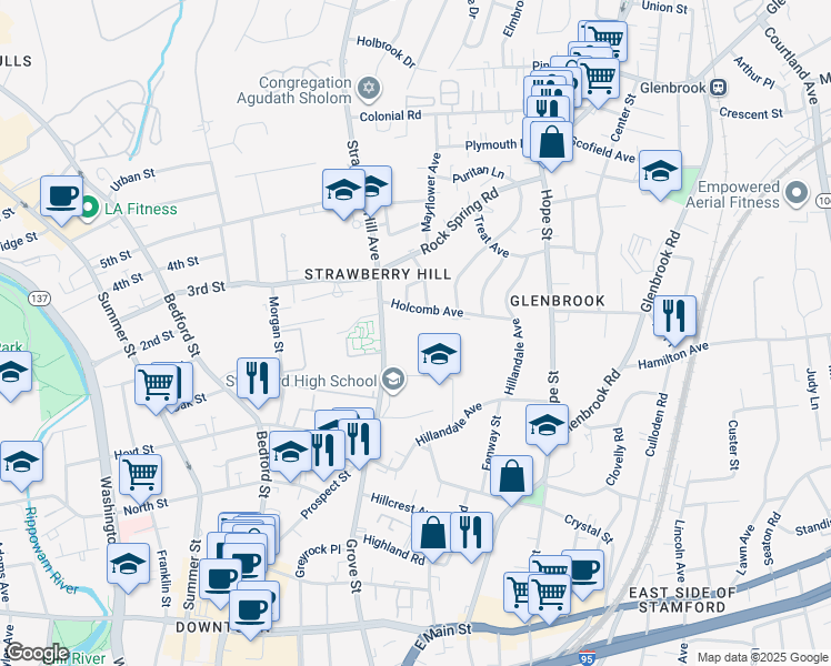 map of restaurants, bars, coffee shops, grocery stores, and more near 33 Holcomb Avenue in Stamford