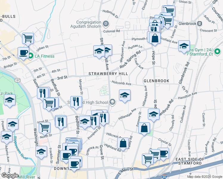 map of restaurants, bars, coffee shops, grocery stores, and more near in Stamford
