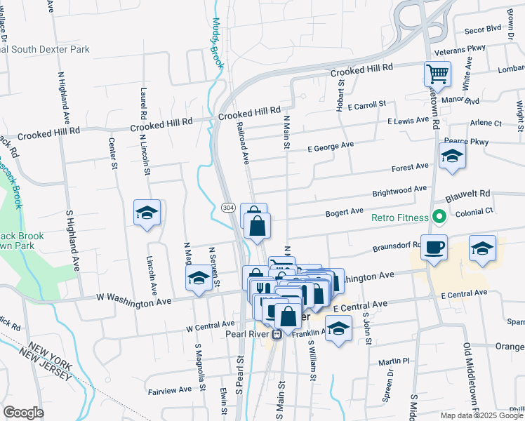 map of restaurants, bars, coffee shops, grocery stores, and more near 150 Railroad Avenue in Pearl River