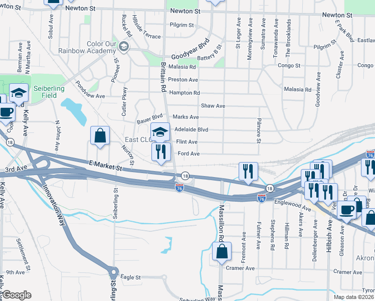 map of restaurants, bars, coffee shops, grocery stores, and more near 1757 Ford Avenue in Akron