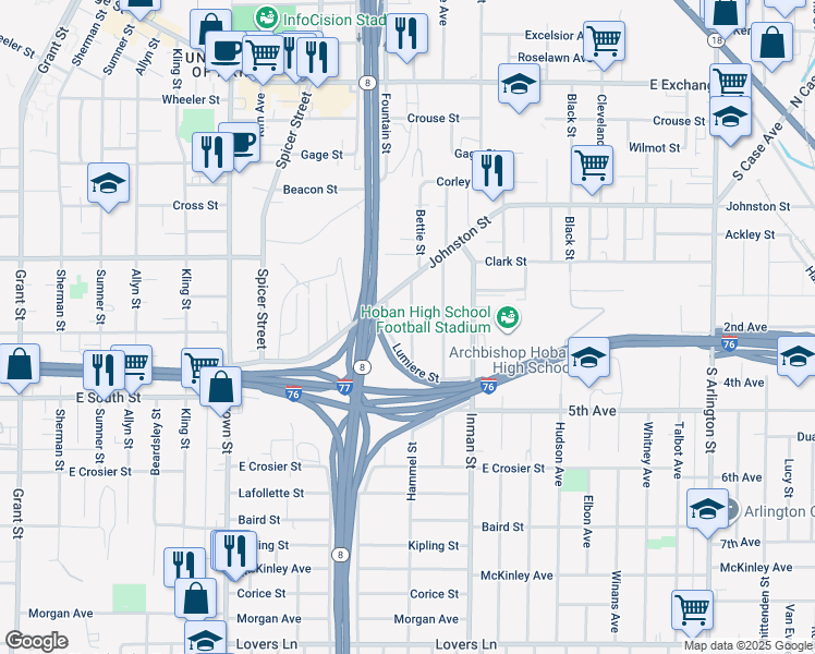 map of restaurants, bars, coffee shops, grocery stores, and more near 507 Hammel Street in Akron