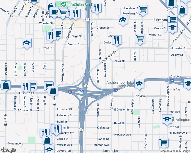 map of restaurants, bars, coffee shops, grocery stores, and more near 507 Hammel Street in Akron