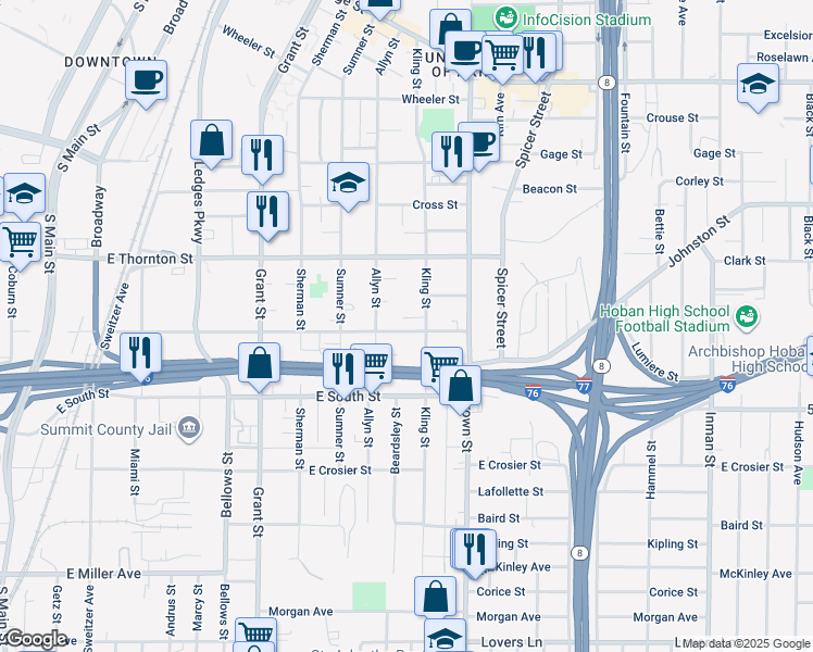 map of restaurants, bars, coffee shops, grocery stores, and more near 371 East Voris Street in Akron