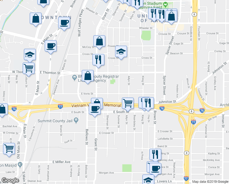 map of restaurants, bars, coffee shops, grocery stores, and more near 697 Sherman Street in Akron