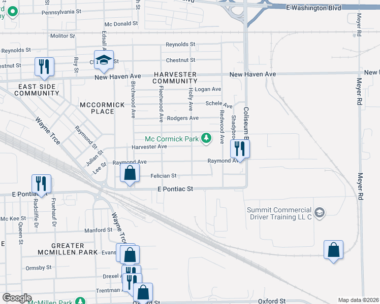 map of restaurants, bars, coffee shops, grocery stores, and more near 3530 Harvester Street in Fort Wayne