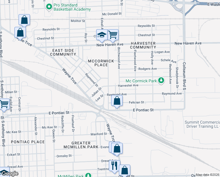 map of restaurants, bars, coffee shops, grocery stores, and more near 3102 Harvester Street in Fort Wayne
