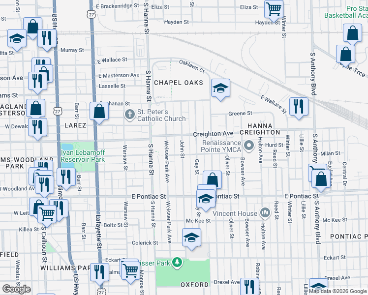 map of restaurants, bars, coffee shops, grocery stores, and more near 2336 Gay Street in Fort Wayne
