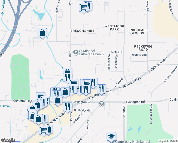 map of restaurants, bars, coffee shops, grocery stores, and more near 5821 Lois Ln in Fort Wayne