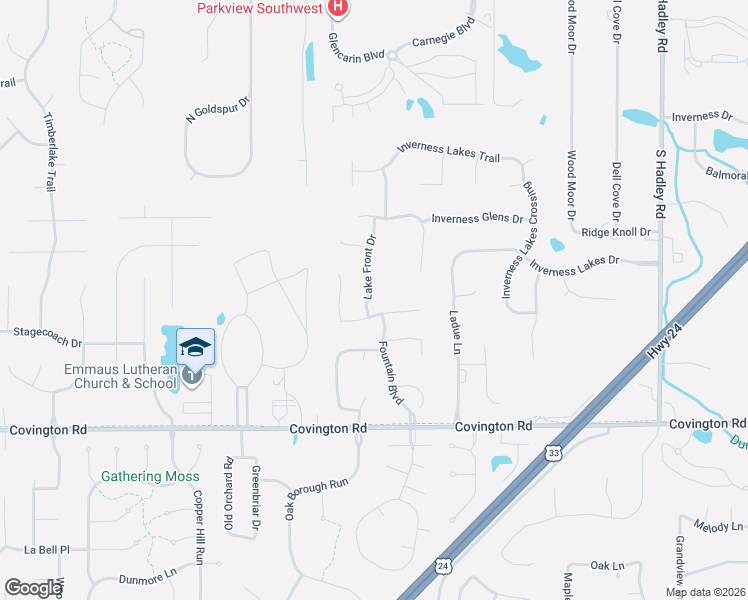map of restaurants, bars, coffee shops, grocery stores, and more near 2104 Lake Front Drive in Fort Wayne