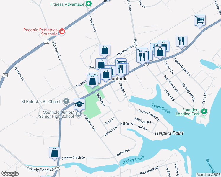 map of restaurants, bars, coffee shops, grocery stores, and more near 170 Mechanic Street in Southold