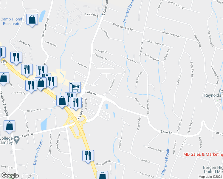 map of restaurants, bars, coffee shops, grocery stores, and more near 17 Goldfinch Drive in Upper Saddle River