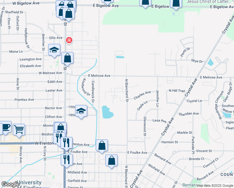map of restaurants, bars, coffee shops, grocery stores, and more near 401 Sterling Hill Drive in Findlay