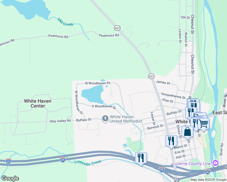 map of restaurants, bars, coffee shops, grocery stores, and more near 54 E Woodhaven Dr in White Haven