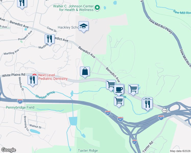 map of restaurants, bars, coffee shops, grocery stores, and more near 38 Old White Plains Road in Tarrytown