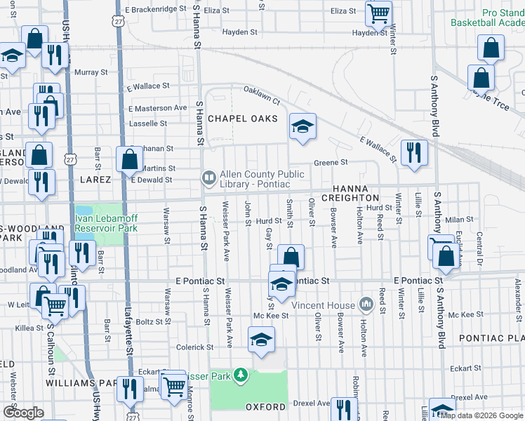 map of restaurants, bars, coffee shops, grocery stores, and more near 2336 Gay St in Fort Wayne