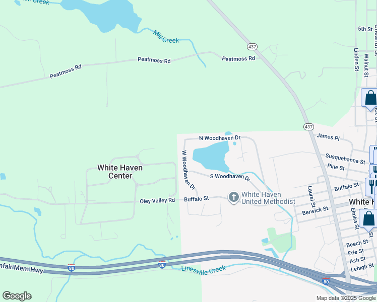 map of restaurants, bars, coffee shops, grocery stores, and more near 180 W Woodhaven Dr in White Haven