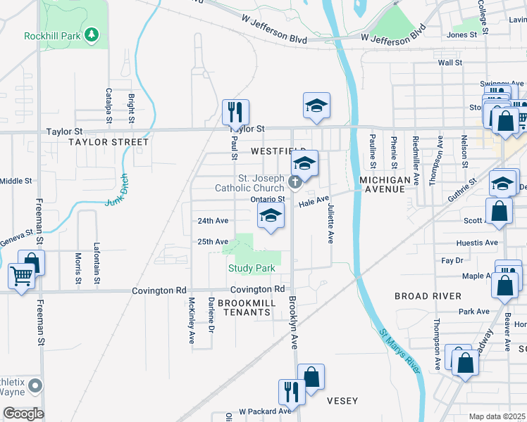 map of restaurants, bars, coffee shops, grocery stores, and more near 2058 Ontario Circle in Fort Wayne