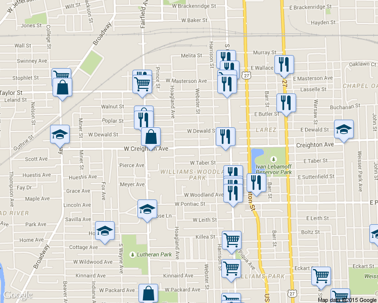 map of restaurants, bars, coffee shops, grocery stores, and more near 315 West Creighton Avenue in Fort Wayne