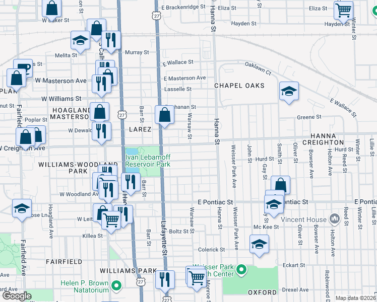 map of restaurants, bars, coffee shops, grocery stores, and more near 2316 Warsaw Street in Fort Wayne