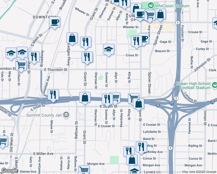 map of restaurants, bars, coffee shops, grocery stores, and more near 707 Sumner Street in Akron