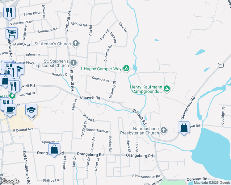 map of restaurants, bars, coffee shops, grocery stores, and more near 26 McKinley Street in Pearl River