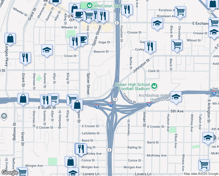 map of restaurants, bars, coffee shops, grocery stores, and more near 637 Johnston St in Akron