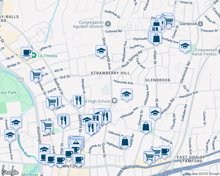 map of restaurants, bars, coffee shops, grocery stores, and more near 106 Strawberry Hill Avenue in Stamford